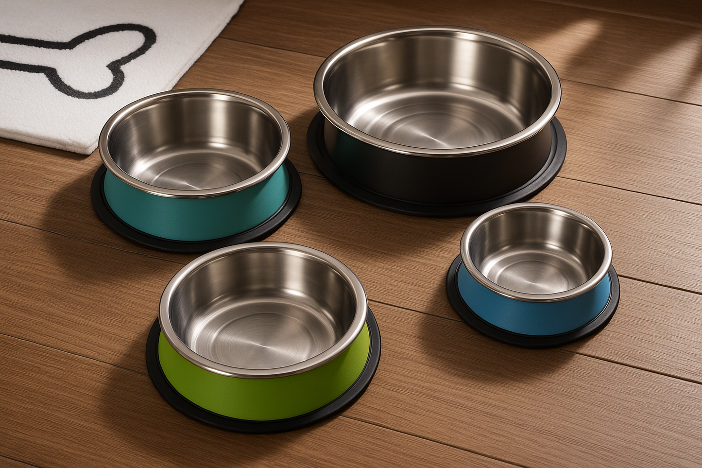 Multiple stainless steel pet bowls organized setup
