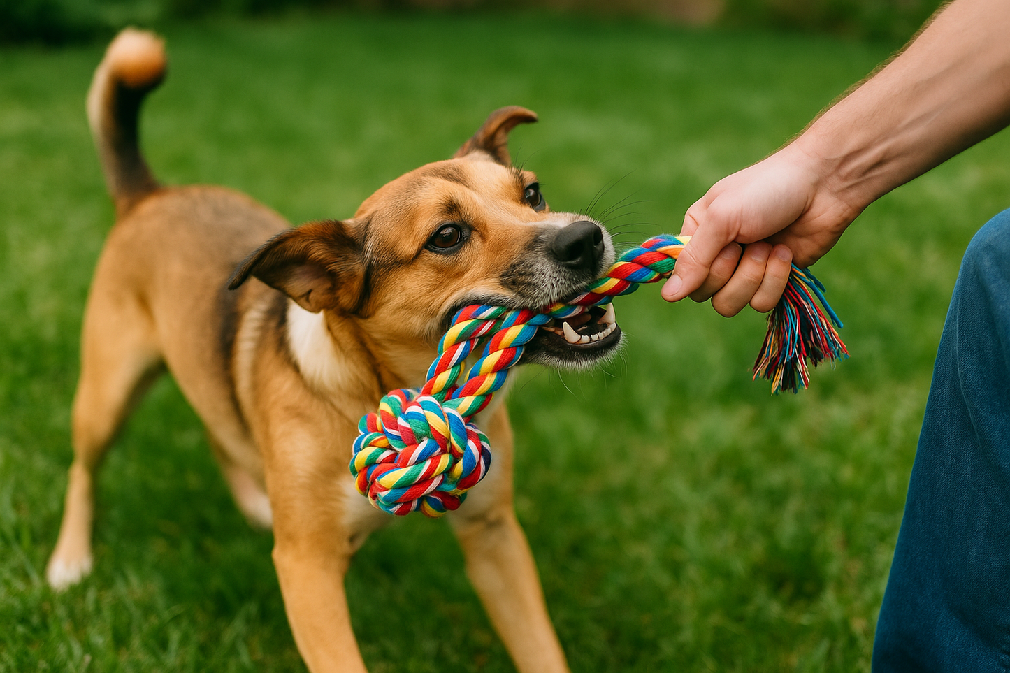 Owner and dog playing tug-of-war with rope toy