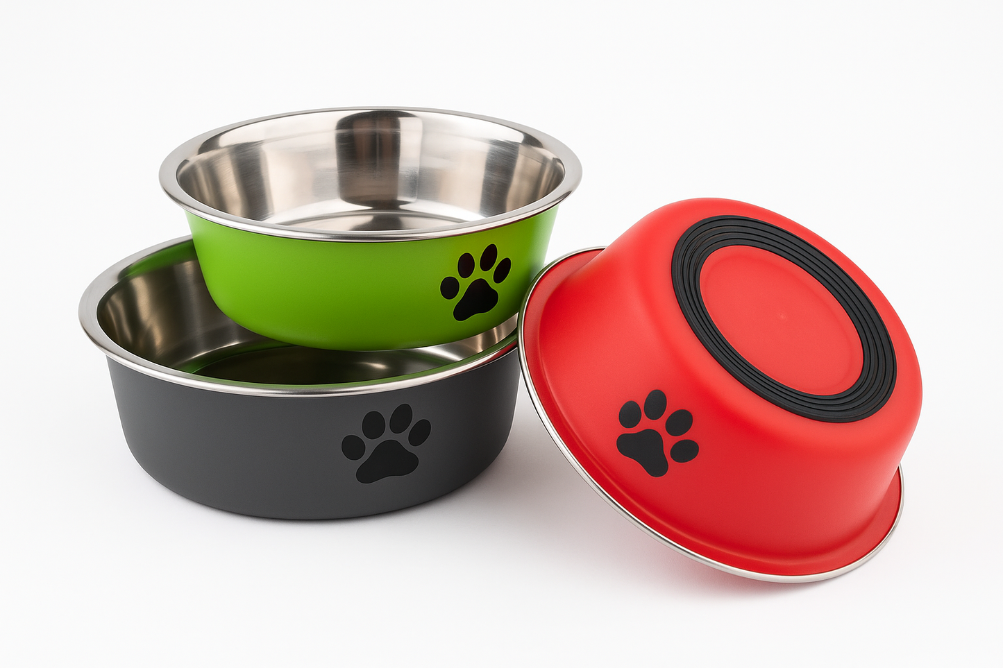 Stainless steel pet bowls with white background