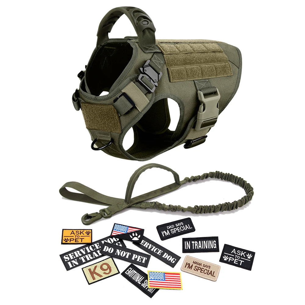No Pull Tactical Dog Harness Set for Large Dogs – Military Style Harness with Leash, Collar & Patches