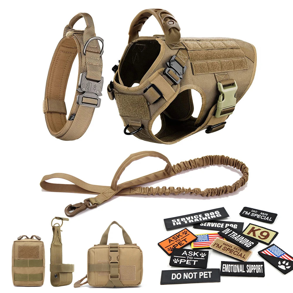 No Pull Tactical Dog Harness Set for Large Dogs – Military Style Harness with Leash, Collar & Patches