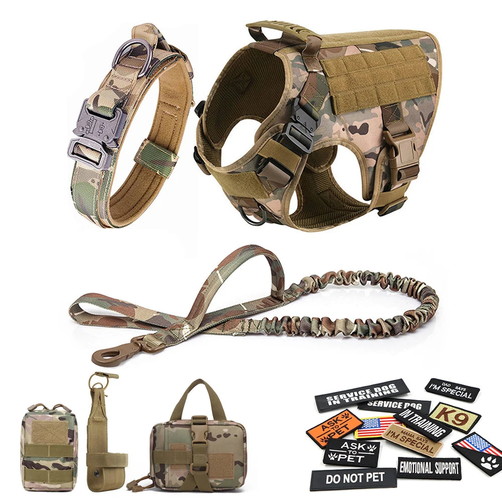 No Pull Tactical Dog Harness Set for Large Dogs – Military Style Harness with Leash, Collar & Patches