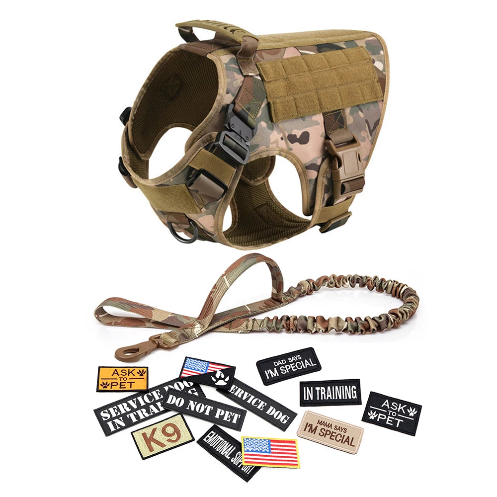 No Pull Tactical Dog Harness Set for Large Dogs – Military Style Harness with Leash, Collar & Patches