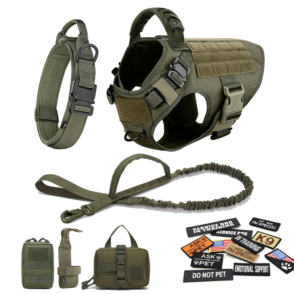No Pull Tactical Dog Harness Set for Large Dogs – Military Style Harness with Leash, Collar & Patches