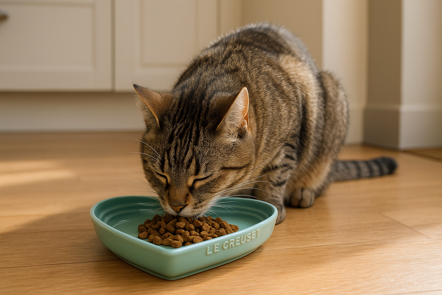 Cat Eating from Mint Green Heart Bowl - Kitchen Lifestyle