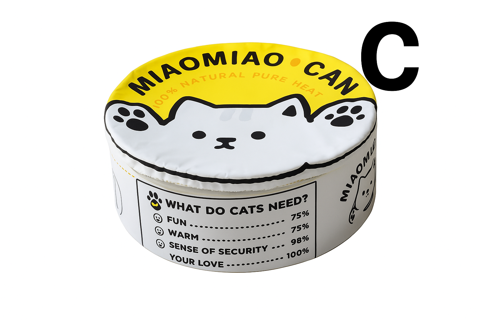 Cat food can with letter C in top corner