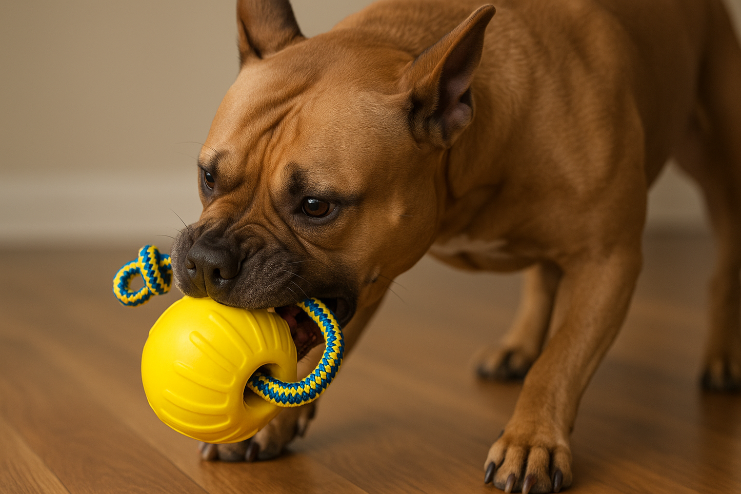 Dog chewing yellow rubber ball showing durability