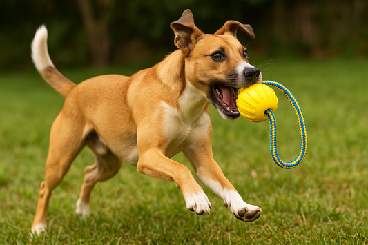 Dog playing fetch with yellow rubber ball toy