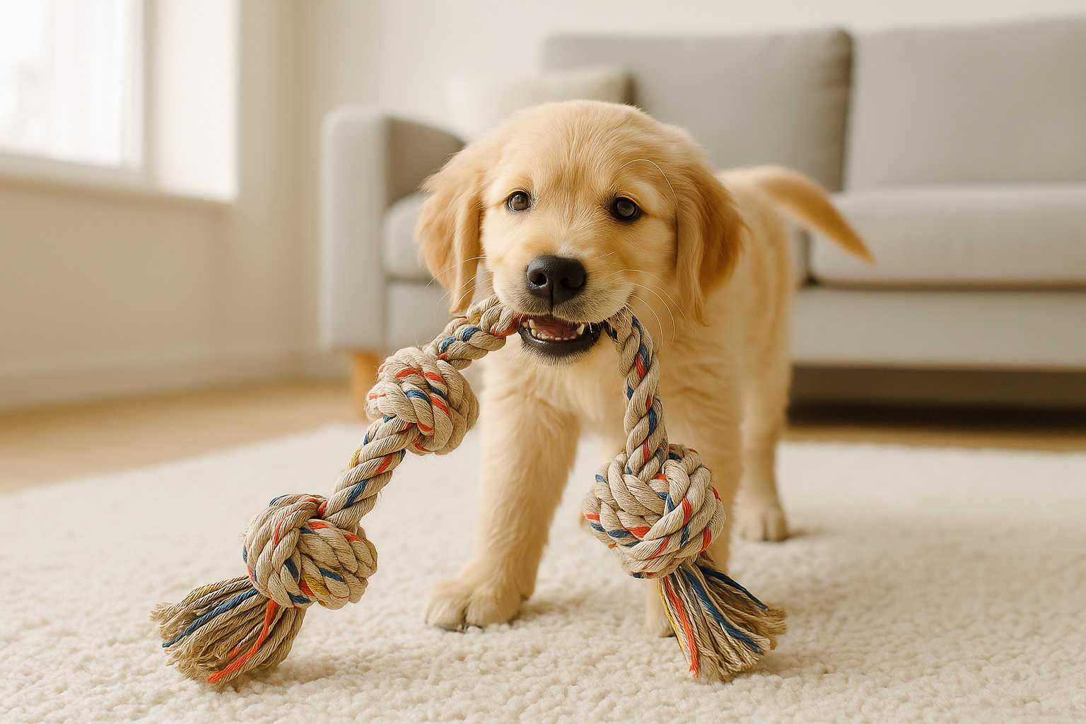 Golden retriever puppy playing with rope toy