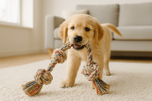 Golden retriever puppy playing with rope toy