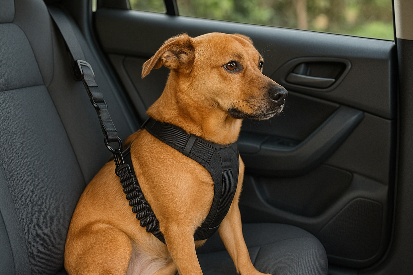 Dog secured in car with safety harness
