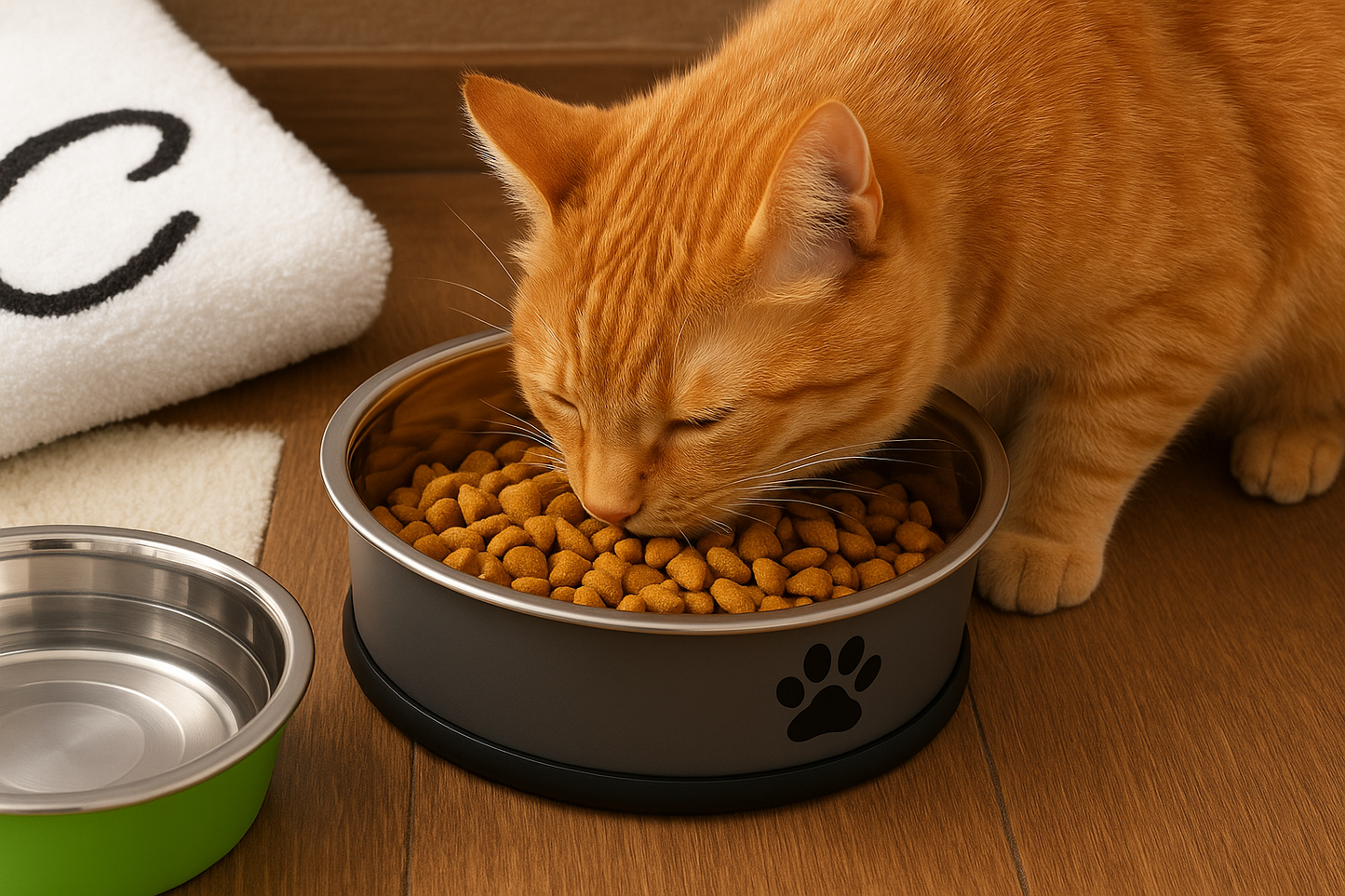 Cat eating from stainless steel pet bowl