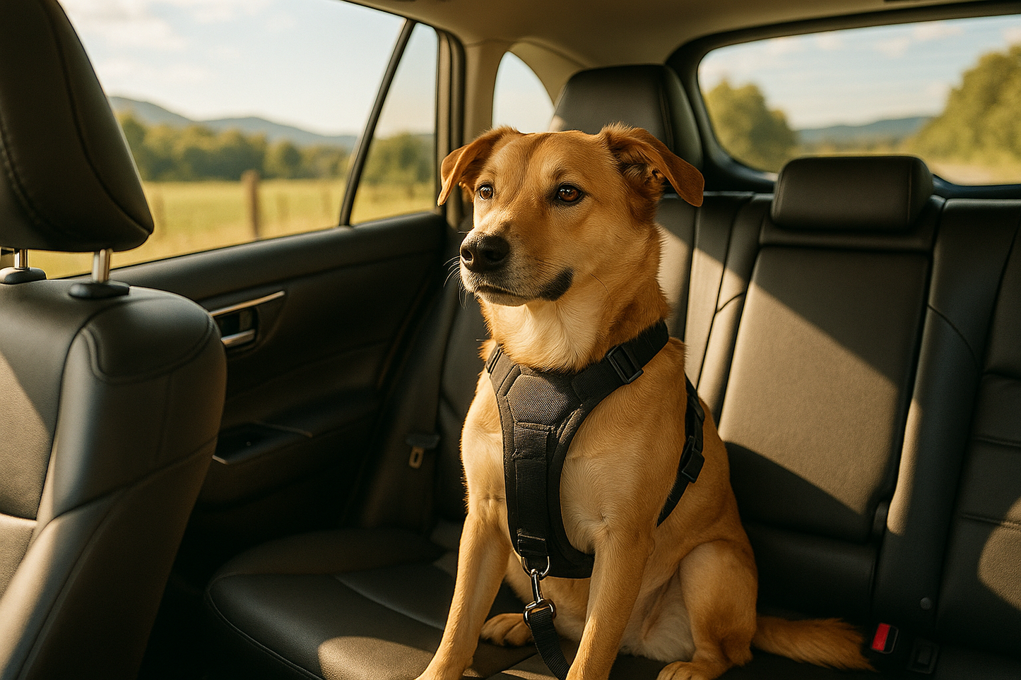 Dog safely secured with car seat belt during travel