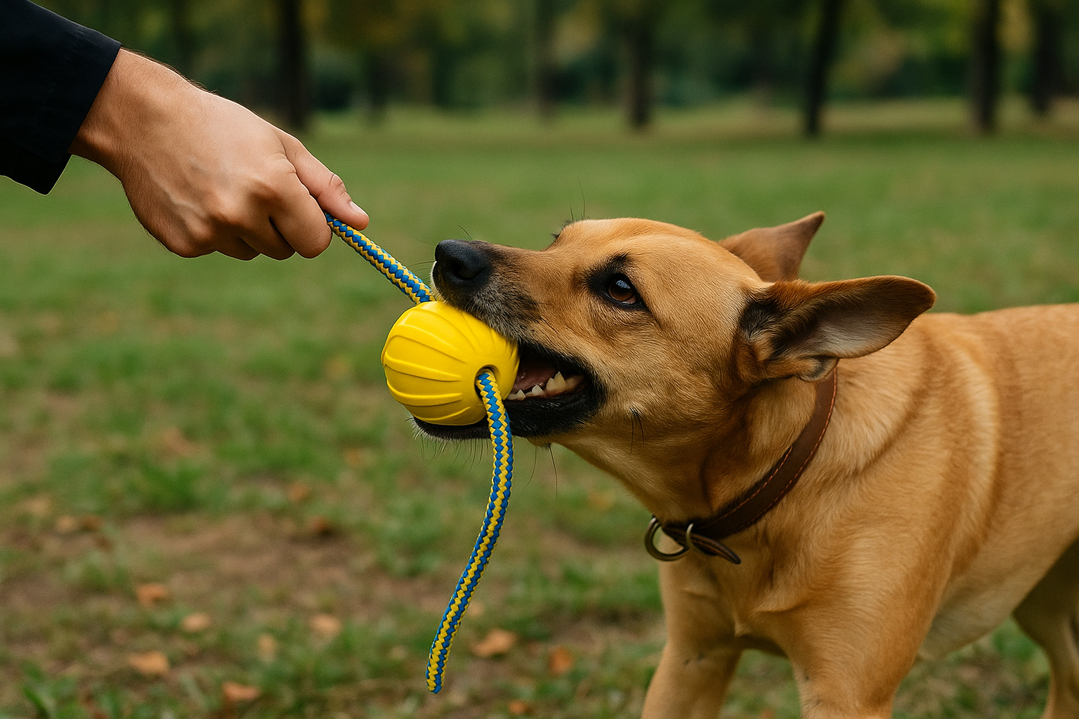 Owner and dog playing tug-of-war with rubber ball toy