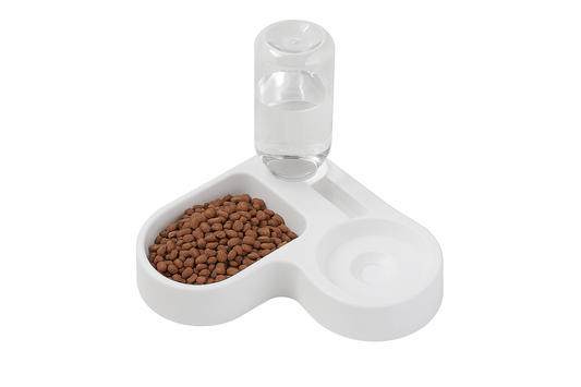 Pet food and water bowl on white background